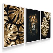 Quadros Decorativos Sala Leão Costelas Douradas Animal