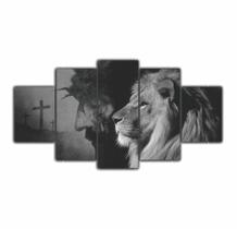 Quadros Decorativos sala Leão Judá e Jesus + CRUZ Religioso Preto e Branco