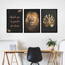 Quadros Decorativos Sala Preto e Dourado Leão Não Dorme Abstrato Escritório 135x63cm Com Moldura Quadros Decorativos Sala Preto e Dourado Leão Não Dorme Abstrato Escritório 135x63cm Com Moldura