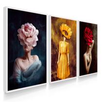 Quadros Decorativos Sala Quarto Abstrato Mulheres Flores Trio