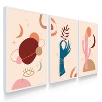 Quadros Decorativos Sala Quarto Trio Artes Abstratas Planeta Cacto Mão