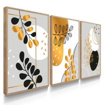 Quadros Decorativos Sala Trio Abstratos Folhas Douradas - DECOREIRO