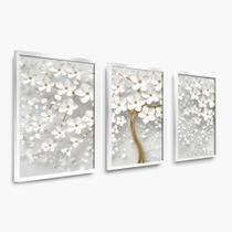Quadros Decorativos Trio Árvore Cerejeira Grande Com Moldura Sala Quarto Flores Brancas