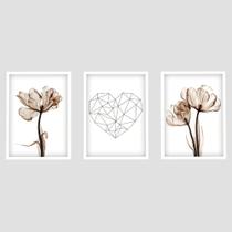 Quadros Decorativos Trio Para Sala Moderno Moldura e Vidro Flores Botânicas Coração Geométrico - Líder Molduras