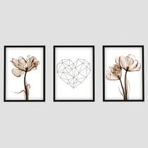 Quadros Decorativos Trio Para Sala Moderno Moldura e Vidro Flores Botânicas Coração Geométrico