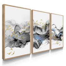 Quadros Decorativos Trio Sala Quarto Abstrato Arte Pássaros Dourados - DECOREIRO