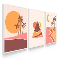 Quadros Decorativos Trio Sala Quarto Abstrato Praia Tons de Laranja