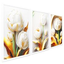 Quadros Decorativos Tulipa Branca e Dourada Flores de Ouro 3 Peças com Moldura - Bhardo