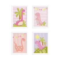 Quadros Dinossauro Menina Rosa 22x32cm 4un Moldura Branca
