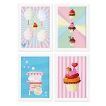 Quadros Doces Cup Cake com Moldura Branca Kit 4un 22x32cm