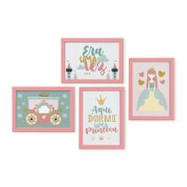 Quadros Dorme Uma Princesa Moldura Rosa 22x32cm Kit 4un