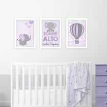 Quadros Elefante e Balão Lilás 3 Peças Com Moldura Quarto Menina Decoração Bebê