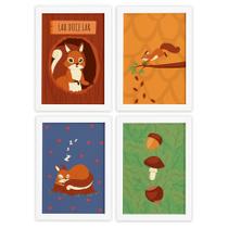 Quadros Esquilo Feliz Moldura Branca 33x43cm 4un