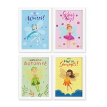 Quadros Fadas e Flores para Menina Mold Branca 33x43 Kit 4un Quadros Fadas e Flores para Menina Mold Branca 33x43 Kit 4un