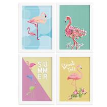 Quadros Flamingos Moldura Branca 4un 22x32cm