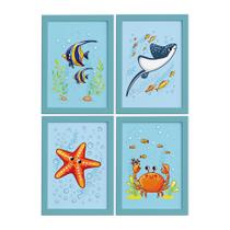 Quadros Fundo do Mar Moldura Azul Modelo 3 Kit 4un 22x32cm