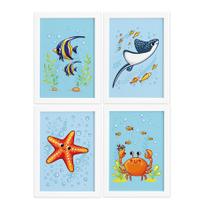 Quadros Fundo do Mar Moldura Branca Modelo 3 Kit 4un 22x32cm