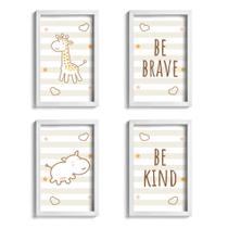 Quadros Girafa e Hipopótamo Marrom Kit 4un Moldura Branca