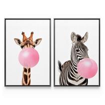 Quadros Girafa e Zebra Mascando Chiclete Bubble Gum Kit 2 Telas Com Moldura - Bimper
