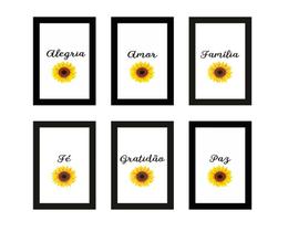 Quadros Girassol Família Gratidão Amor Paz Fé Kit 6 Peças