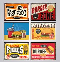 Quadros Hamburgueria Fast Food Retro Vintage 6 Peças 20x28cm