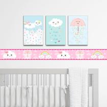 Quadros infantil e Faixa Decorativa Chuva De Amor Rosa Bebe Menina