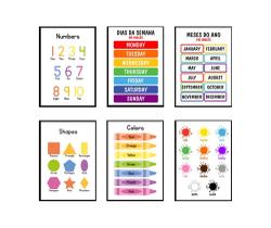Quadros Inglês Escola Numeros Educativos Kit 6 Peças 20x28cm