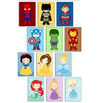 Quadros Kit 6 Heróis e 6 Princesas 20x30cm quarto infantil Quadros Kit 6 Heróis e 6 Princesas 20x30cm quarto infantil