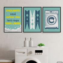 Quadros Lavanderia Roupas Área Serviço Azul 3 Peças 20x28cm