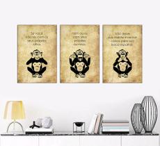 Quadros Macacos Sábios Rústico 20x30cm Kit 3 Peças Decorativo Sala Quarto