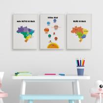 Quadros Mapa Brasil Sistema Solar Educativo 3 Peças 20x28cm
