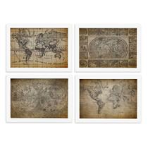 Quadros Mapas Antigos Vintage Moldura Branca 33x43cm Kit 4un