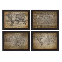 Quadros Mapas Antigos Vintage Moldura Preta 22x32cm Kit 4un