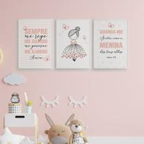 Quadros Menina Bailarina Borboletas Rosa 3 Peças 20x28cm