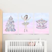 Quadros Menina Bailarina Castelo Carrocel 3 Peças 20x28cm Quadros Menina Bailarina Castelo Carrocel 3 Peças 20x28cm