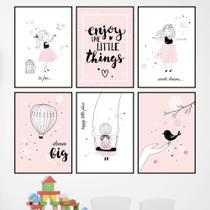 Quadros Menina Balanço Balão Branco Rosa Kit 6 Peças 20x28cm