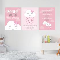 Quadros Menina Nuvens Rosa Sonhe Alto Kit 3 Peças 20x28cm Quadros Menina Nuvens Rosa Sonhe Alto Kit 3 Peças 20x28cm