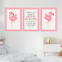 Quadros Menina Quarto Versículo Flamingos Rosa Kit 3 Peças