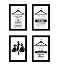 Quadros Moda Look Fashion Preto Branco Loja Roupa 4 Peças