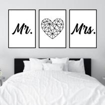 Quadros Mr Mrs Coração Geométrico Moldura Preta 24X18Cm 3Un