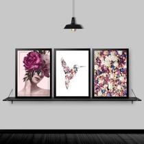 Quadros Mulher Flor E Beija Flor Moldura Preta 33X24Cm 3Un Quadros Mulher Flor E Beija Flor Moldura Preta 33X24Cm 3Un