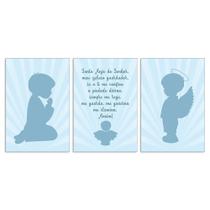 Quadros Oração Santo Anjo Azul Kit 3 20x30cm Decorativo Quarto Menino Criança