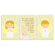 Quadros Oração Santo Anjo Neutro Amarelo Kit 3 20x30cm Decorativo Quarto Criança
