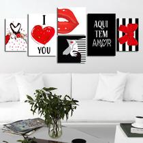 Quadros para Decoração, Kit Contem 6 Placas Mosaico Frases Café Boca Vermelha I Love You, Laço Vermelho, Família Gratidão Aqui Tem Amor