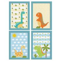 Quadros para Quarto Dinossauro Baby 2 22x32cm Moldura Azul 4un Quadros para Quarto Dinossauro Baby 2 22x32cm Moldura Azul 4un