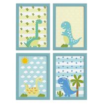 Quadros para Quarto Dinossauro Baby 22x32cm Moldura Azul 4un