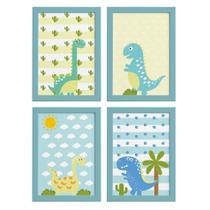 Quadros para Quarto Dinossauro Baby 22x32cm Moldura Azul 4un Quadros para Quarto Dinossauro Baby 22x32cm Moldura Azul 4un