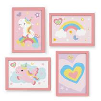 Quadros para Quarto Unicornio 22x32cm Moldura Rosa 4un