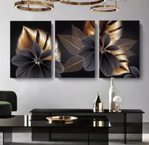 Quadros Para Sala 5 Peças Floral Preto E Dourado"