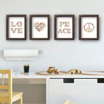 Quadros para Sala Paz e Amor Floral 22x32cm Moldura Marrom 4 un